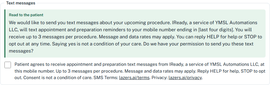 The IReady Add patient screen with the verbal script above the Text messages consent checkbox and the full consent text beside it